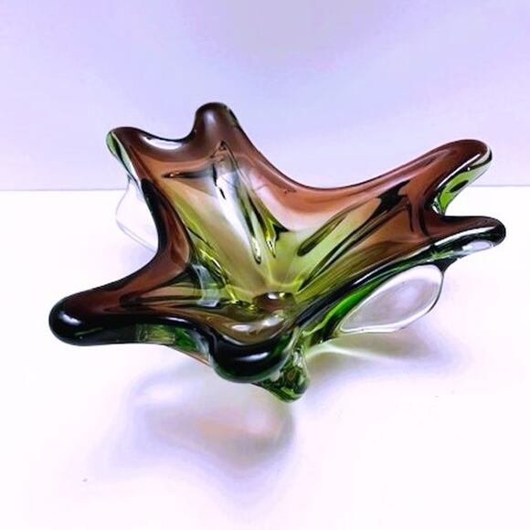 Vintage (1960s) Murano 3 Petal Splash Plum, Green, & Clear Handblown Glass Decor - Picture 1 of 6